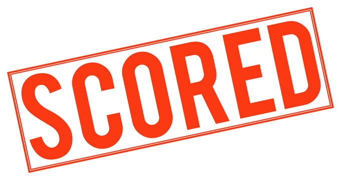 Red scored stamp with rectangular border on transparent background