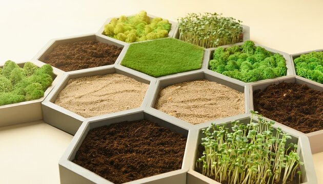 Geometric Hexagonal Soil Segments with Moss and Young Green Sprouts