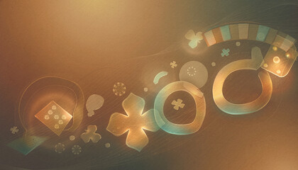 Fototapeta premium Casino symbols and poker chips on a dark background with glowing lights and cards.