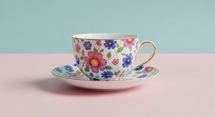 Fototapeta premium Vibrant floral tea cup and saucer on pastel background, perfect for springtime or garden party themes