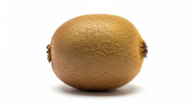 A single kiwi fruit with fuzzy brown skin on a white background