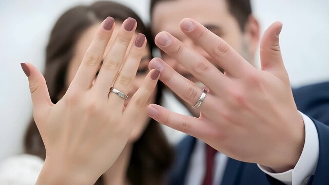 A newly married couple proudly displays their beautiful wedding rings on their hands, symbolizing their commitment, love, and recent union after exchanging vows on their special day.