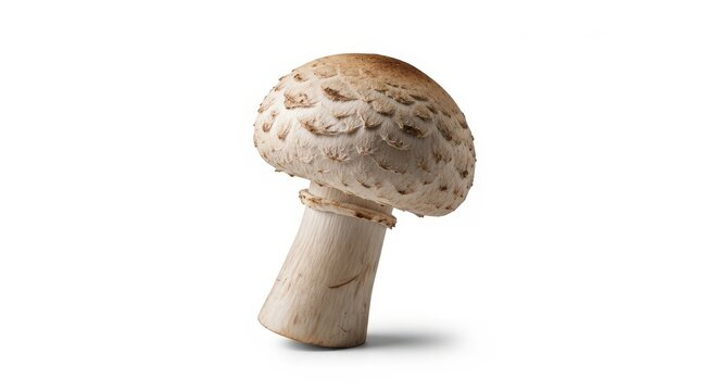 A single fresh mushroom with a textured cap and thick stem on a white background, perfect for culinary or botanical use