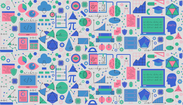 Maths Seamless Pattern. Vector Illustration of Solid and Outline Education Objects. Mathematics Line Sign. Geometry School BG.