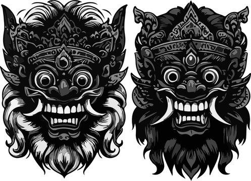 Set of Six Mythological Balinese Creature Masks Featuring Barong and Rangda Inspired Designs with Elaborate Ornaments and Fierce Expressions in Traditional Indonesian Style