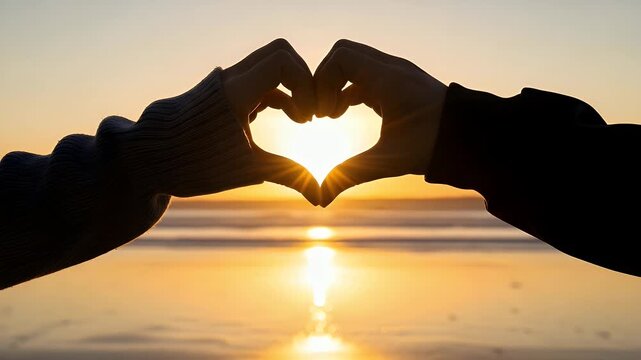 Loving hands making a heart shape silhouette against the golden light of a beautiful sunset to express feelings of romantic affection and deep connection during the evening