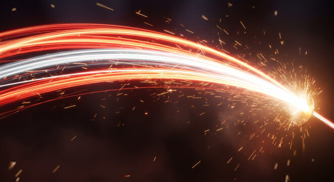 未来へ加速する光の軌跡と火花 スピード感溢れる抽象背景 テクノロジーや通信のイメージ