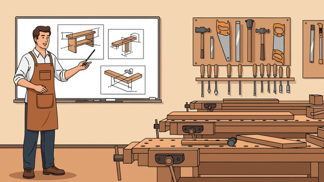 Man teaching woodworking in a workshop setting.