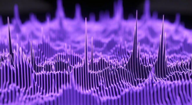 デジタルな紫の3Dオーディオ波形とデータ視覚化 抽象的なサイバー空間 背景素材 テクノロジー