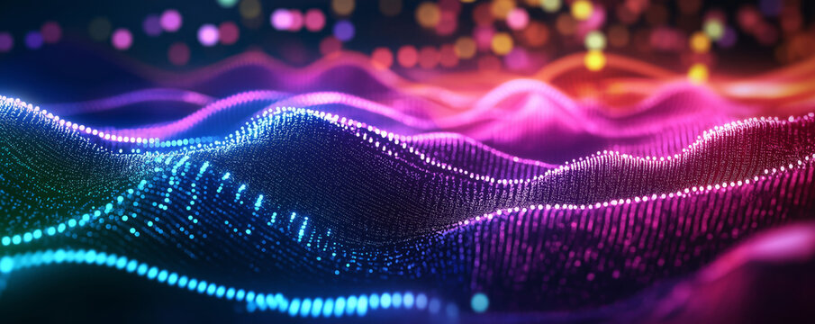 A vibrant abstract design featuring flowing waves of glowing particles in blue and pink hues against a dark background.