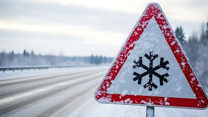 Winter Road Warning: A stark winter road sign, adorned with a snowflake, stands as a clear beacon of caution against potential hazards, as a snow-covered highway stretches ahead