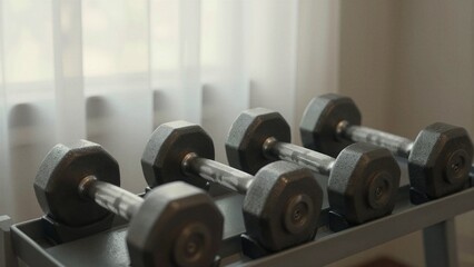 Obraz premium Row of black dumbbells arranged neatly on a metal rack inside a well-lit gym.