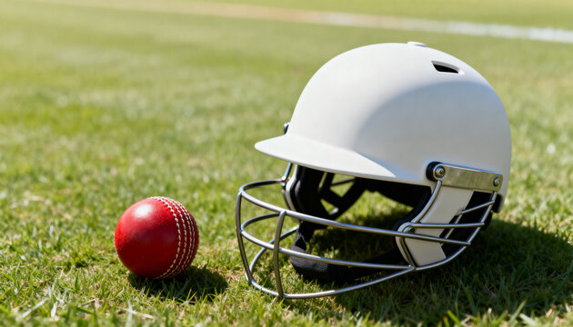 High angel of cricket equipment on field