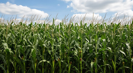Obraz premium Lush green cornfield under a bright blue sky with fluffy white clouds maize agriculture field background image.