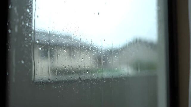 Raindrops sliding down a window pane with a blurred outdoor background, perfect for creating a relaxing atmosphere, weather segments, or introspective film scenes