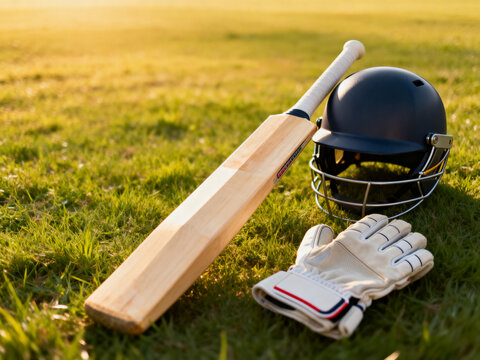 High angel of cricket equipment on field