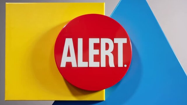 This content displays a red alert button on a colorful background, indicating technical difficulties or an error screen, with a yellow square and blue triangle.