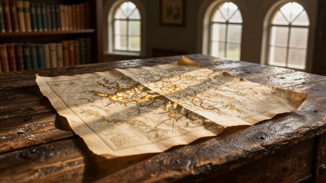 Old parchment map glowing under sunlight on a rustic wooden table in a library.