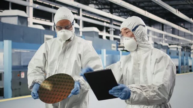 Multiracial technicians analyzing delicate electronic component in semiconductor factory cleanroom. Teamworking coworkers in bunny suit monitoring silicon wafer manufacturing yields, camera A