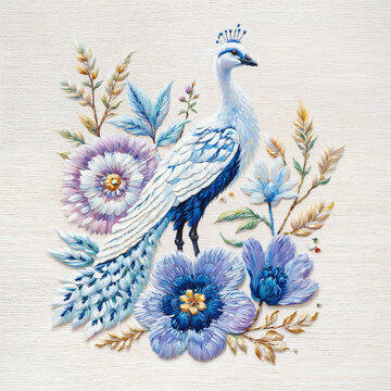 Elegant White Peacock with Purple Flowers Oil Painting on Canvas