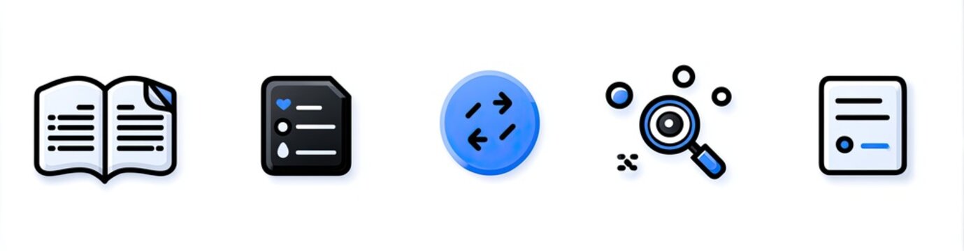 Five distinct blue and black line art icons displayed in a horizontal row format