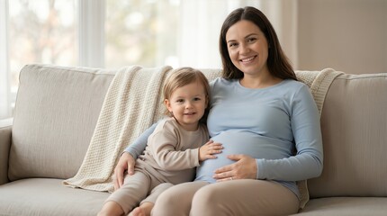 Fototapeta premium Pregnant woman in light blue shirt sits on sofa with toddler, both smiling, cozy living room with natural light and soft furnishings in the background