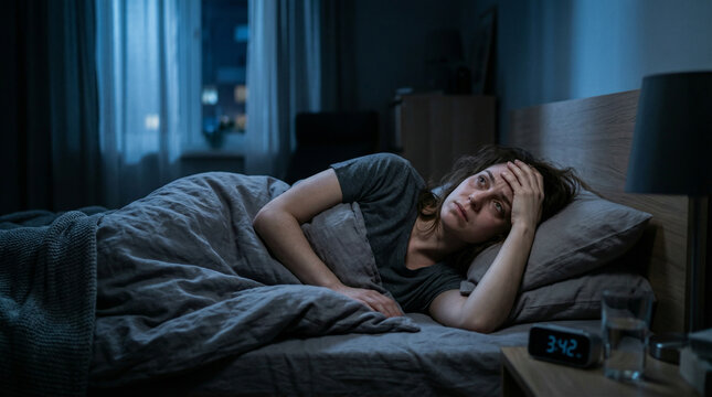 Woman with insomnia lying awake in bed during the night