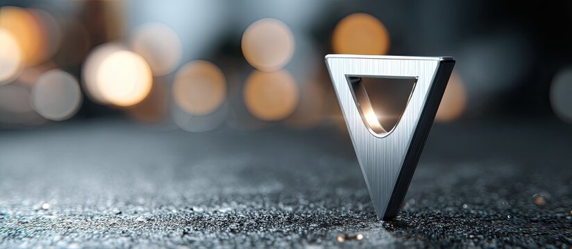 Metallic triangular marker on dark textured surface with blurred warm bokeh background