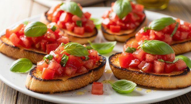 Delicious Bruschetta Toast with Fresh Tomatoes and Basil.