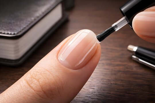 Close up of a manicured finger receiving a fresh coat of clear, glossy nail polish for a natural, elegant look.
