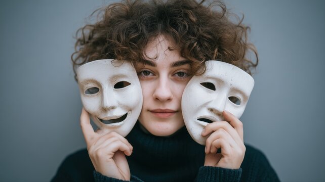 感情の二面性を表現する女性のポートレート。心理学や演劇のテーマに適した素材。