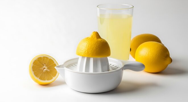 Manual lemon squeezer with fresh lemons and homemade lemonade in a glass on white background essential oil squeezer lemonade homemade ingredient isolated