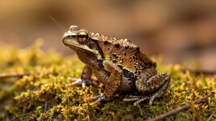 Obraz premium Close-up of a frog sitting on green moss with water droplets on its skin.
