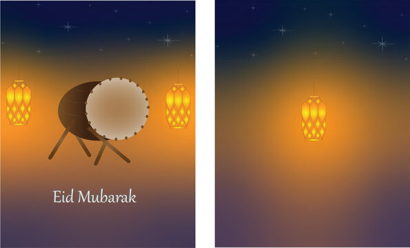 Ramadan Bedug Drum and Lantern with Warm Night Gradient Background. A minimalist vector illustration featuring a traditional bedug drum and a glowing lantern set against a warm gradient night.
