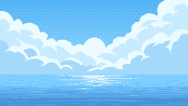 Pixel art landscape of blue ocean water under a sunny sky with soft white clouds. Retro 8-bit digital scenery for video game background. Nostalgic aesthetic style of classic gaming.