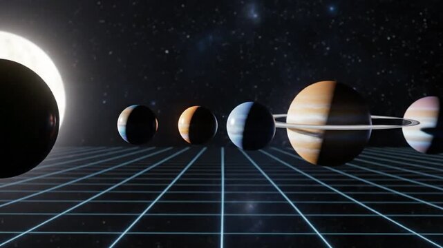Solar System Planets Lineup with Sun Eclipse on Grid - Sci-Fi Space Art