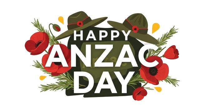Happy anzac day with poppies and hats