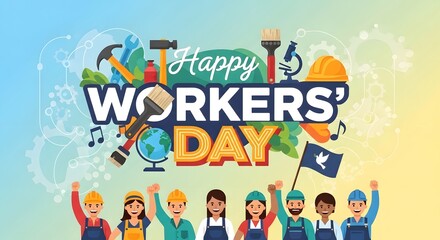Fototapeta premium Happy workers day illustration with diverse workers and tools