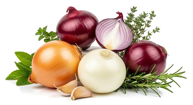 Assortment of onions garlic fresh herbs with red onion yellow onion white onion herb blend white background food photography cooking ingredients culinary