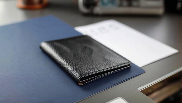 Black leather bifold wallet lying on a blue blotter and desk, symbolizing finance, business, and wealth concepts