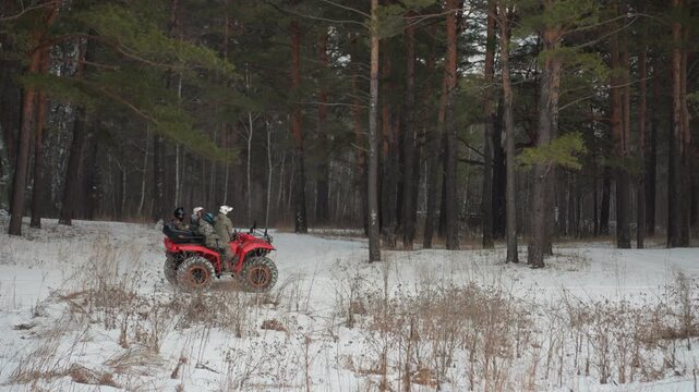 Serene snowy adventure. Solitary journey through winter forest. Quiet motorbike exploring cold forest landscape. Single rider navigating peaceful snowcovered pine area during winter