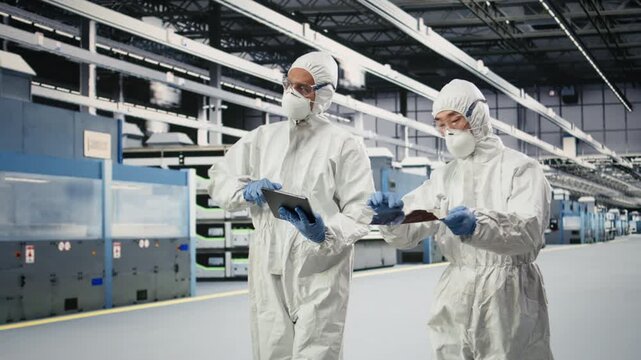 Multiracial team examining semiconductor substrate in cleanroom production plant. Diverse coworkers wearing protective gear verify optical photolithography patterns on silicon wafers, camera A