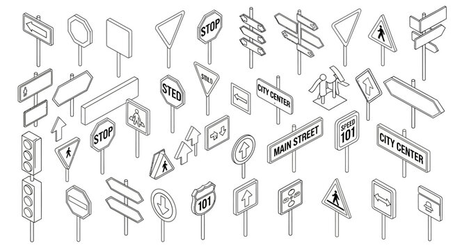 Collection of various road signs and traffic signals in an isometric outline style.