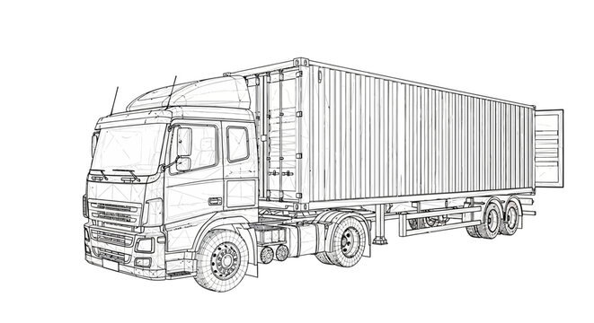 Detailed line art drawing of a large semi-truck with an open container trailer, ready for transport.