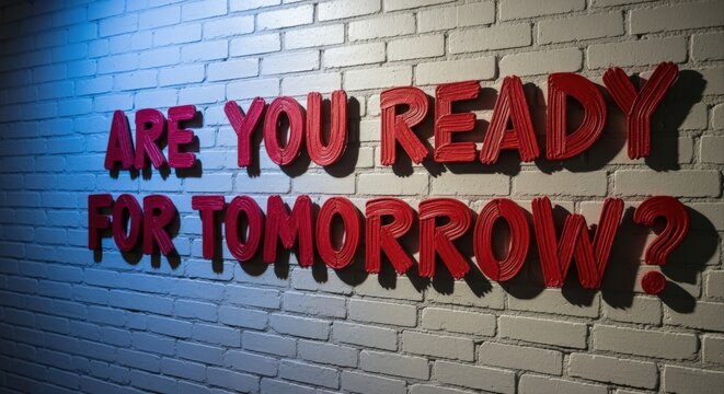 Red 3D Text Question 'Are You Ready For Tomorrow?' Mounted On A White Brick Wall With Dramatic Lighting