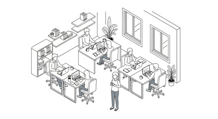 Naklejka premium Isometric line art drawing of a bustling office environment with multiple employees working at their desks.