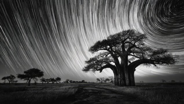 Dramatic black and white long exposure of a baobab tree under spiraling star trails
