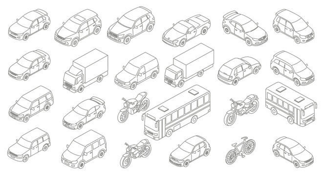 Isometric Line Art Collection of Various Transportation Vehicles.