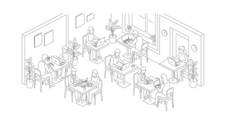 Obraz premium Isometric view of a bustling cafe interior with patrons enjoying their meals and drinks.