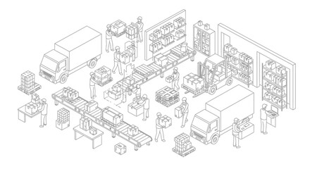 Obraz premium Isometric warehouse and logistics operation with trucks, forklifts, and workers.